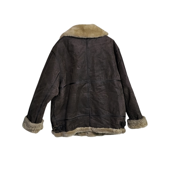 Vintage leather jacket brown faux fur Aviator oversized boyfriend 90s grunge XL - Picture 2 of 9
